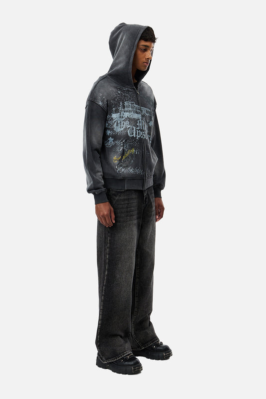 Men's dark grey graphic zip-up hoodie with hood and front kangaroo pocket