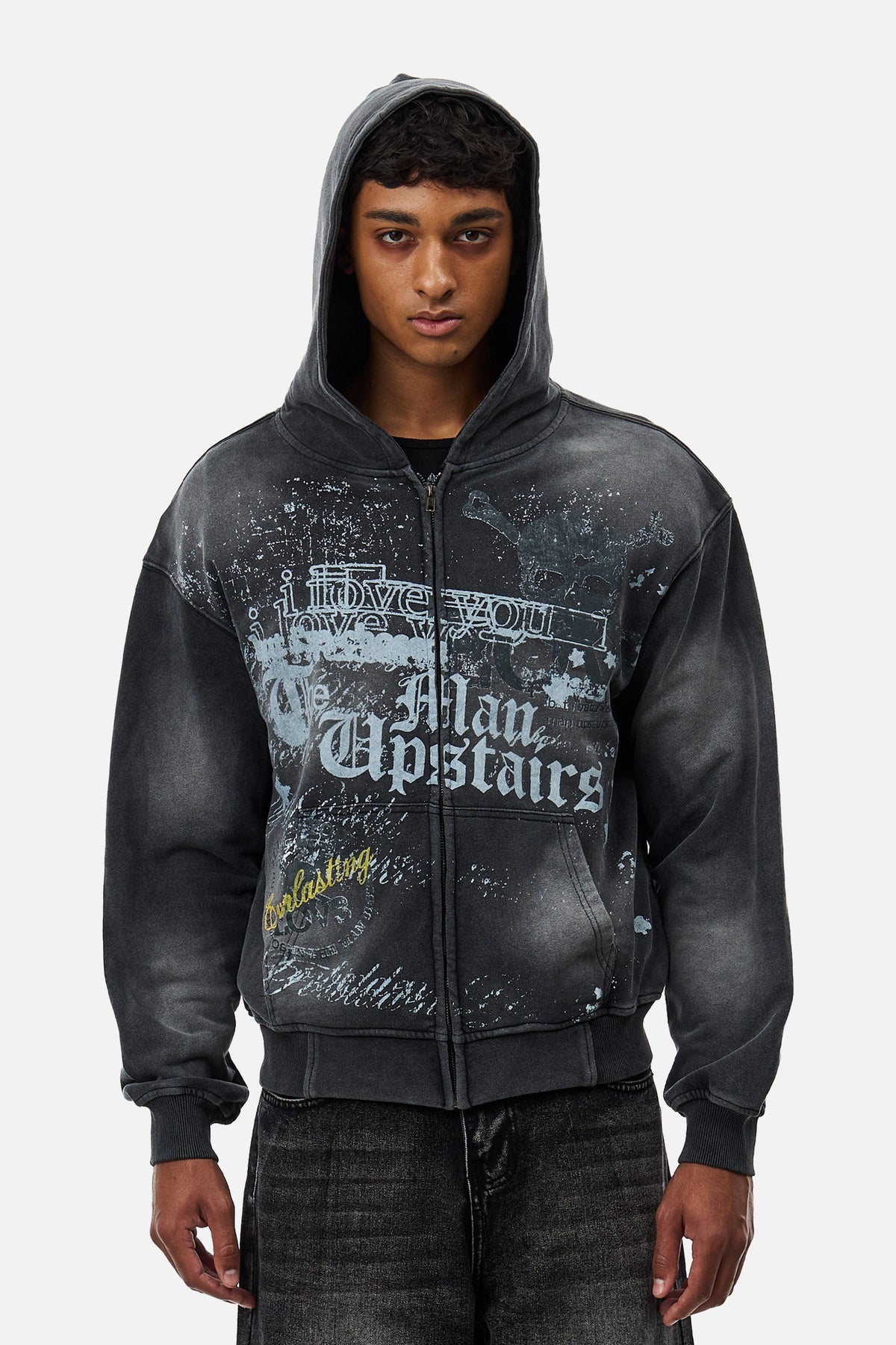 Men's dark grey graphic zip-up hoodie with hood and front kangaroo pocket