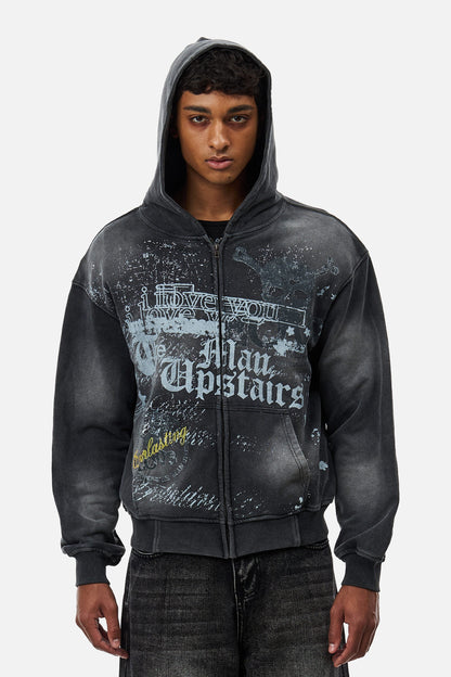 Men's dark grey graphic zip-up hoodie with hood and front kangaroo pocket