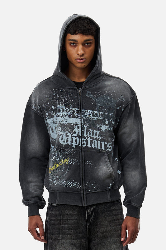 Men's dark grey graphic zip-up hoodie with hood and front kangaroo pocket