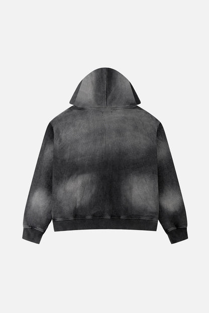 Men's dark grey graphic zip-up hoodie with hood and front kangaroo pocket