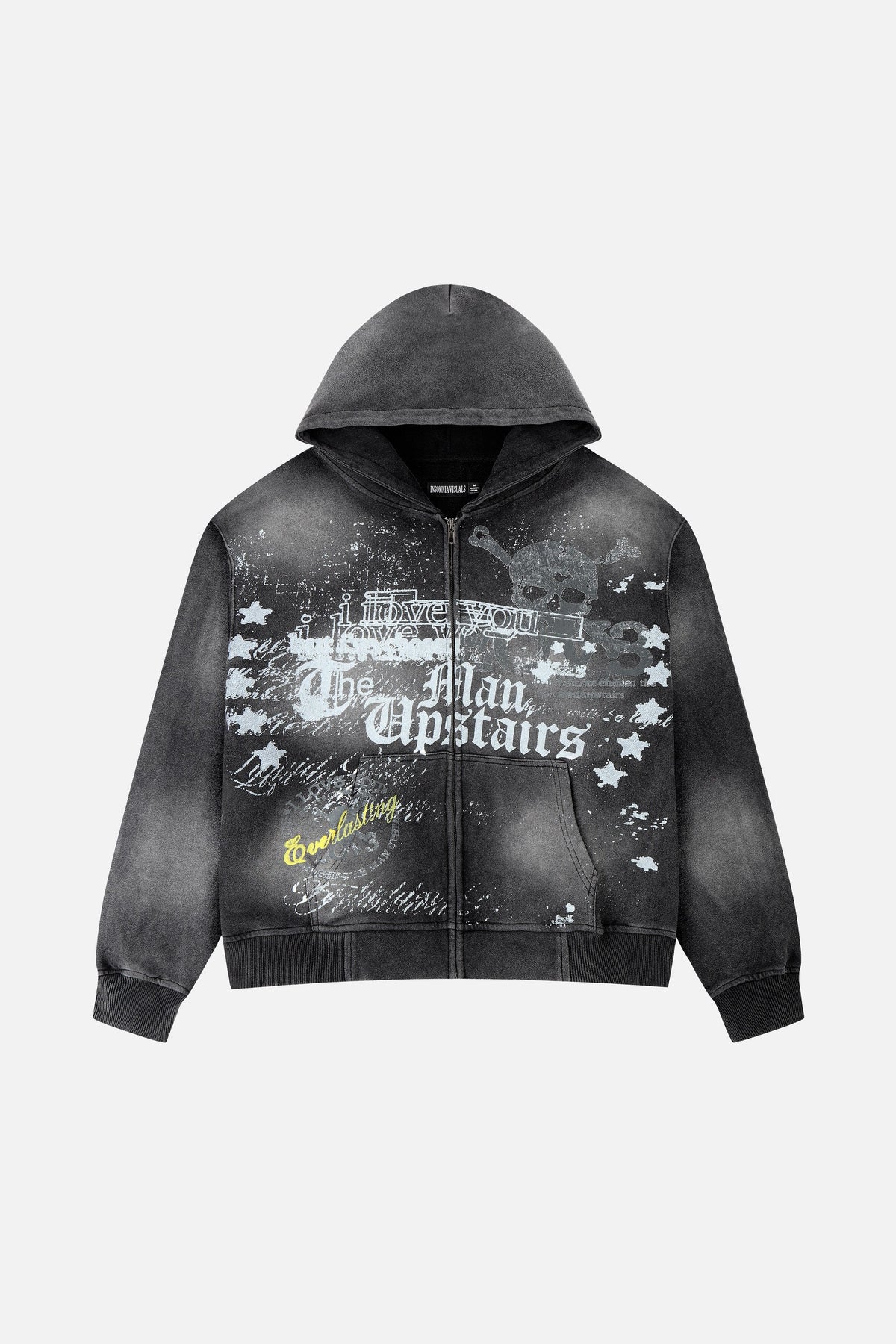 Men's dark grey graphic zip-up hoodie with hood and front kangaroo pocket