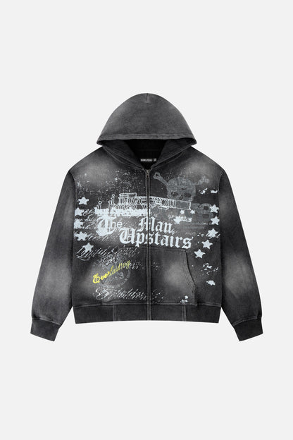 Men's dark grey graphic zip-up hoodie with hood and front kangaroo pocket