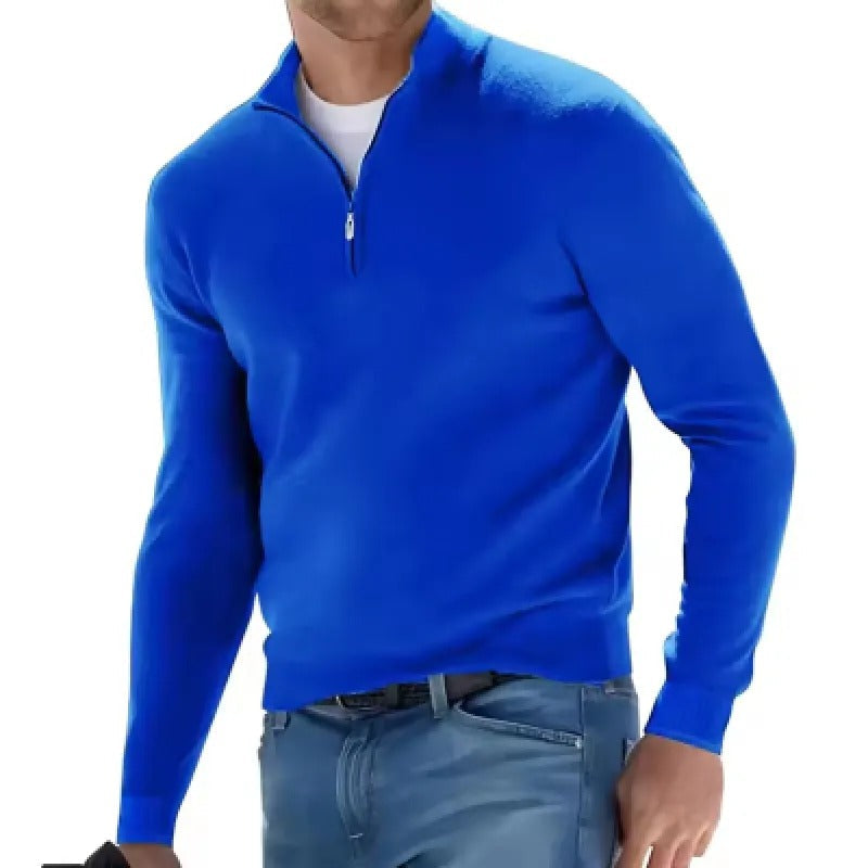 Men's long-sleeve quarter-zip knit jumper with mock neck and ribbed trims