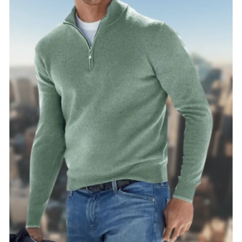 Men's long-sleeve quarter-zip knit jumper with mock neck and ribbed trims