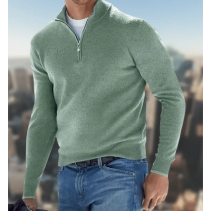 Men's long-sleeve quarter-zip knit jumper with mock neck and ribbed trims