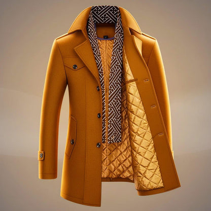 Men's long structured coat with notched lapels, patterned trim, buttons and multiple pockets