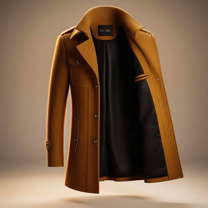 Structured long coat with high collar, lapels, button front and multiple pockets