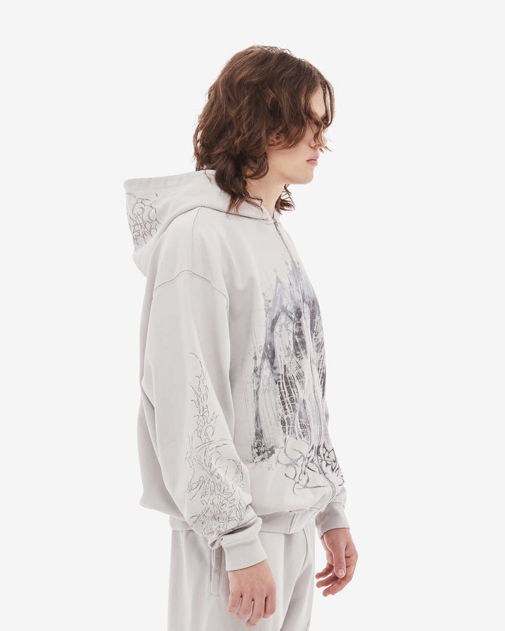 Grey men's zip hoodie with hooded neckline and long sleeves