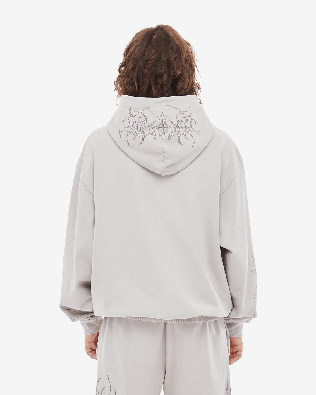 Grey men's zip hoodie with hooded neckline and long sleeves