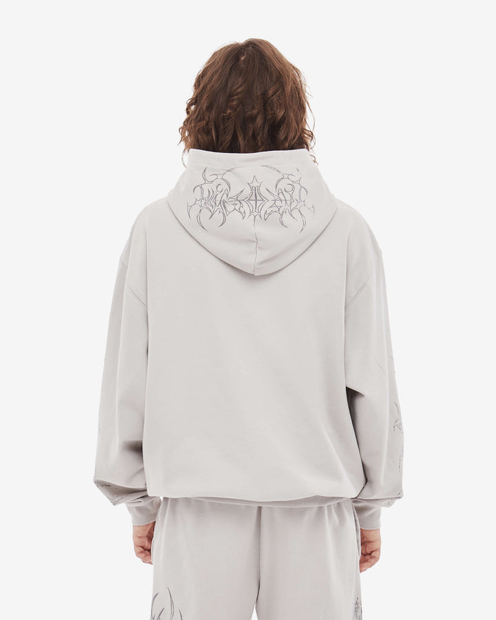 Grey men's zip hoodie with hooded neckline and long sleeves