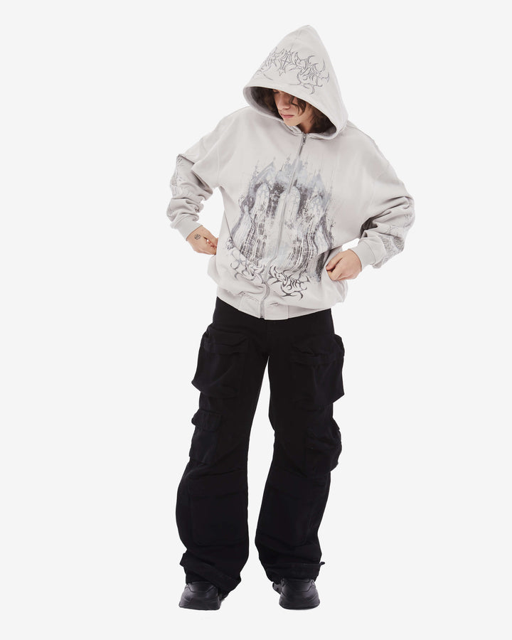 Grey men's zip hoodie with hooded neckline and long sleeves