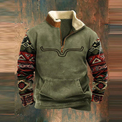 Men's quarter-zip sweatshirt with geometric patterned sleeves and kangaroo pocket