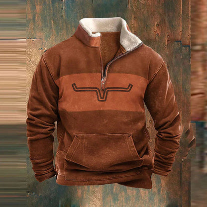 Men's quarter-zip sweatshirt with geometric patterned sleeves and kangaroo pocket