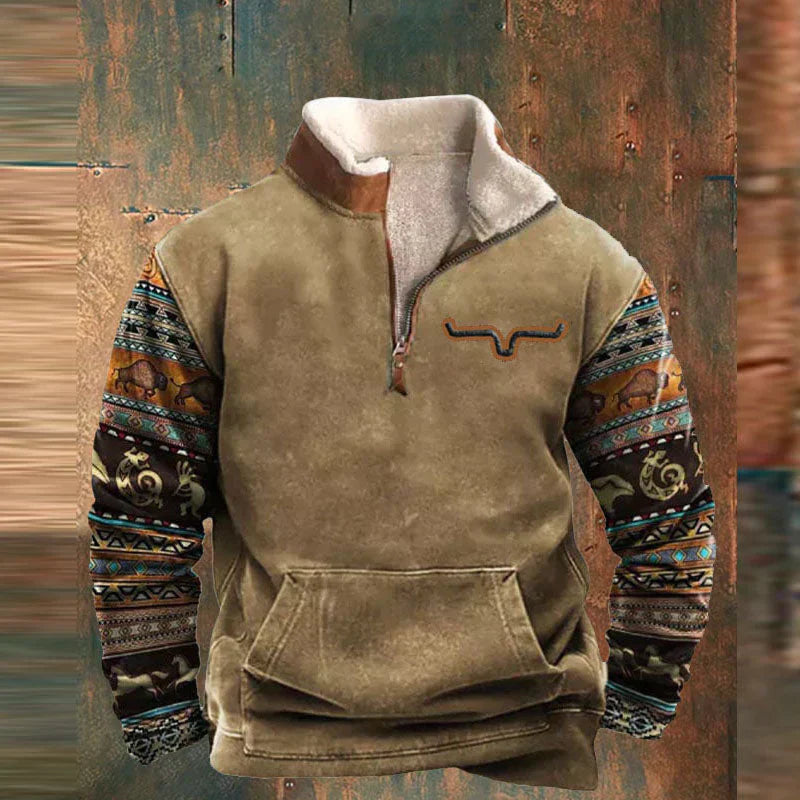 Men's quarter-zip sweatshirt with geometric patterned sleeves and kangaroo pocket