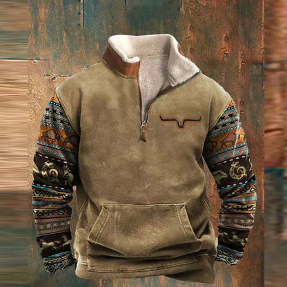 Men's quarter-zip sweatshirt with geometric patterned sleeves and kangaroo pocket