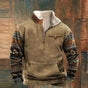 Men's quarter-zip sweatshirt with geometric patterned sleeves and kangaroo pocket