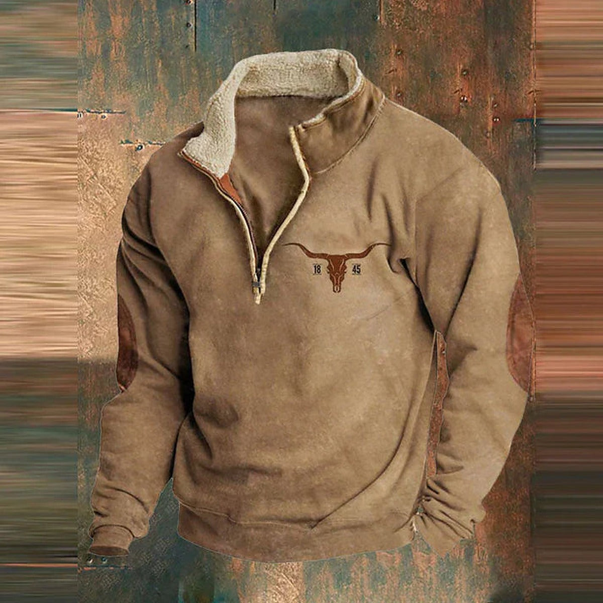 Men's quarter-zip sweatshirt with geometric patterned sleeves and kangaroo pocket