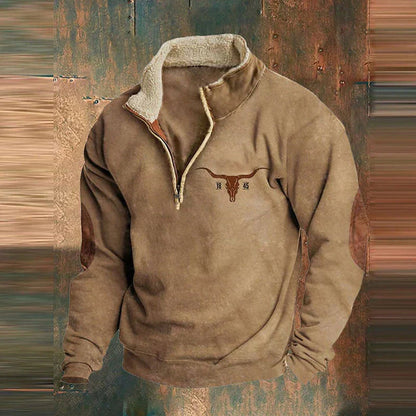 Men's quarter-zip sweatshirt with geometric patterned sleeves and kangaroo pocket