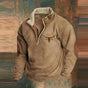 Men's quarter-zip sweatshirt with geometric patterned sleeves and kangaroo pocket