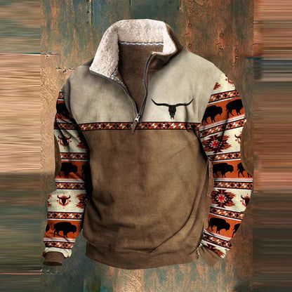 Men's quarter-zip sweatshirt with geometric patterned sleeves and kangaroo pocket