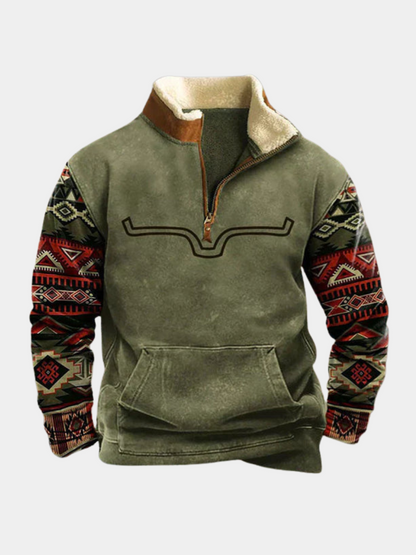 Men's quarter-zip sweatshirt with geometric patterned sleeves and kangaroo pocket