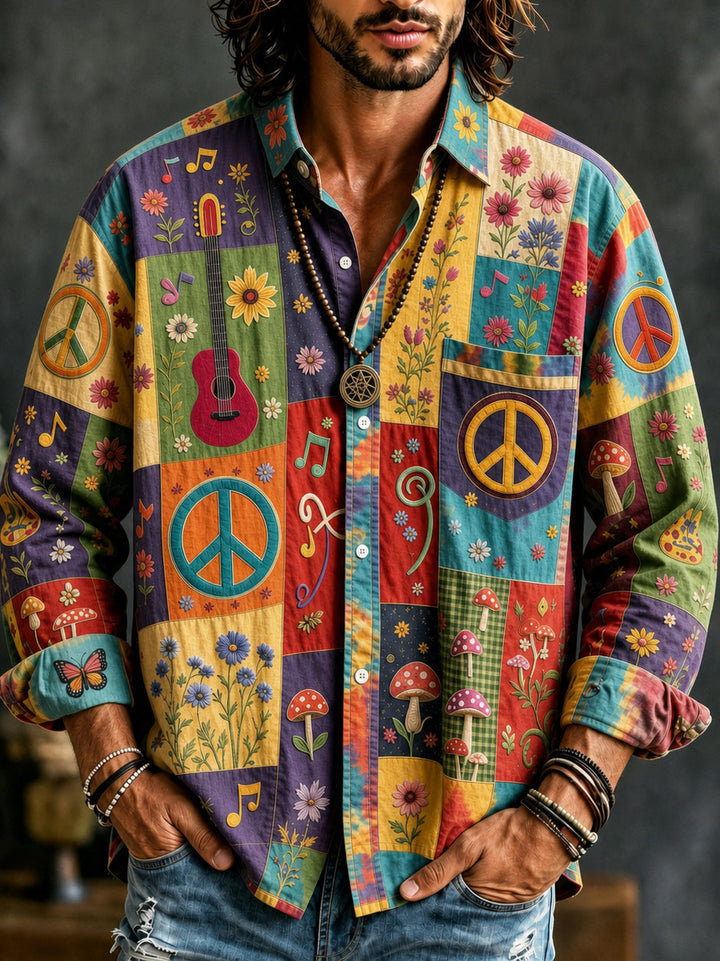 Men's colourful patchwork shirt with peace signs, guitars and floral motifs