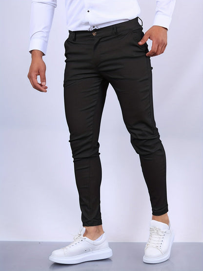 Men's skinny chino trousers with tapered legs and button fastening