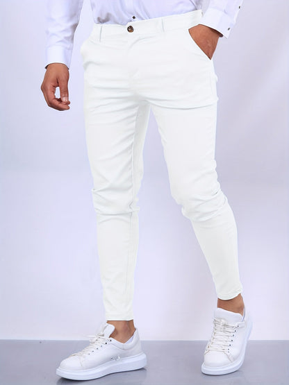 Men's skinny chino trousers with tapered legs and button fastening