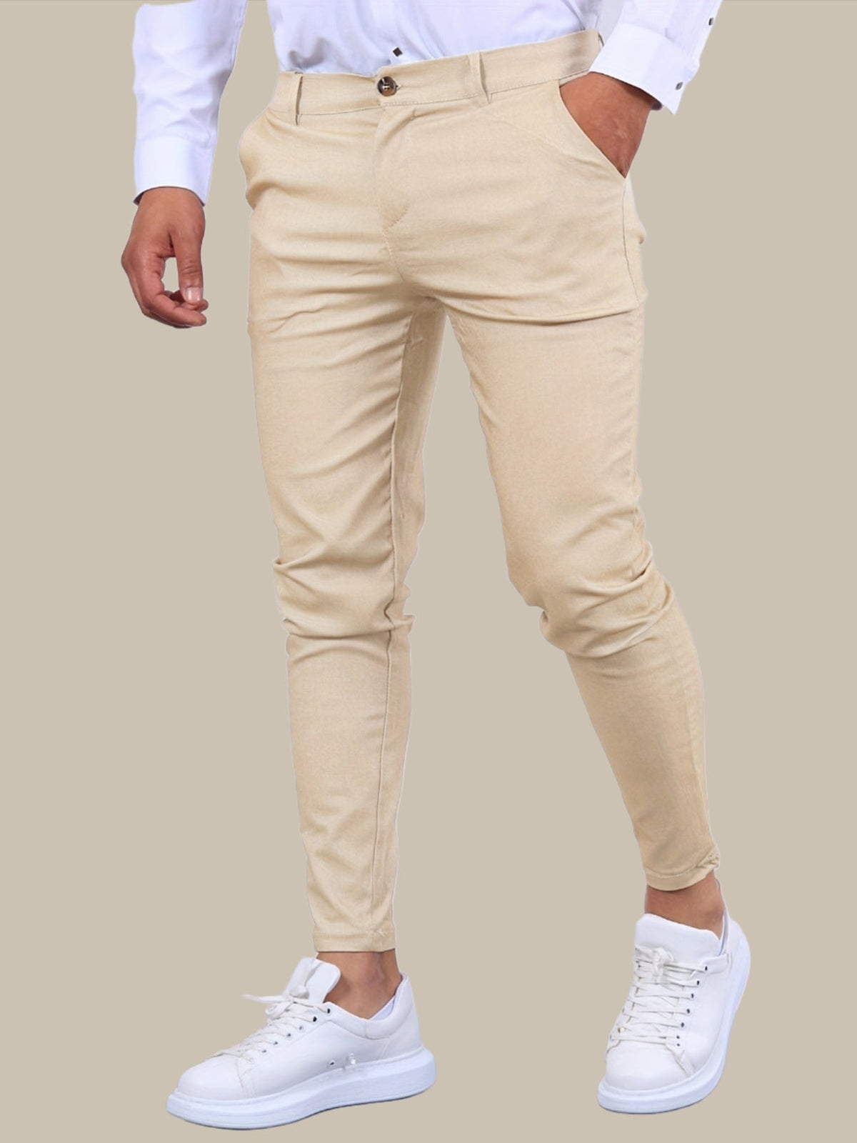 Men's skinny chino trousers with tapered legs and button fastening