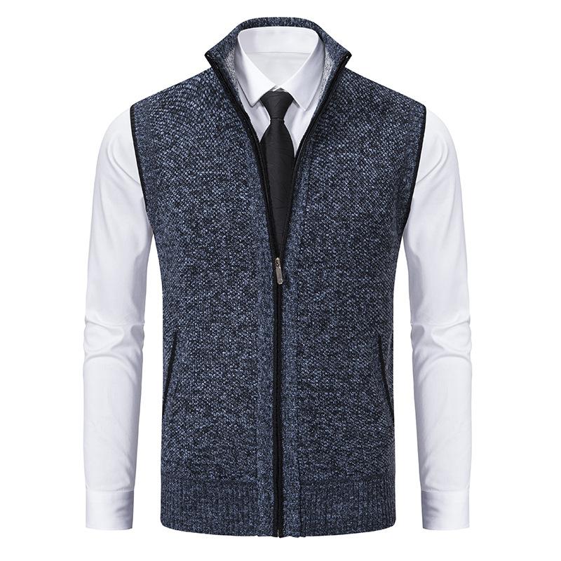 Men's sleeveless textured gilet with stand collar, front zip and angled pockets