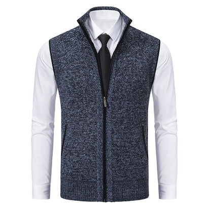 Men's sleeveless textured gilet with stand collar, front zip and angled pockets