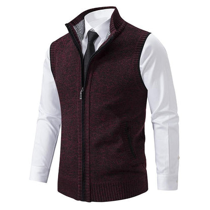 Men's sleeveless textured gilet with stand collar, front zip and angled pockets