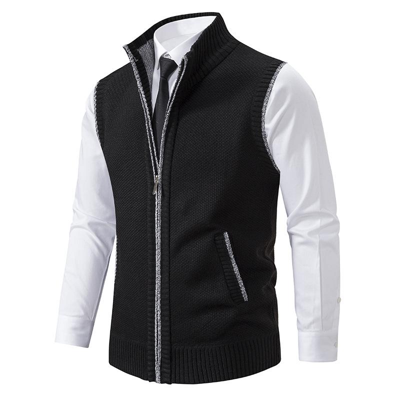 Men's sleeveless textured gilet with stand collar, front zip and angled pockets