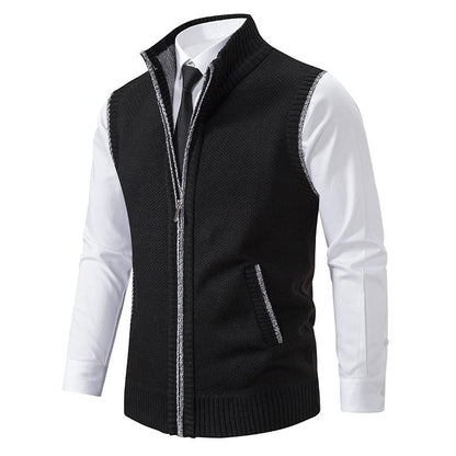 Men's sleeveless textured gilet with stand collar, front zip and angled pockets