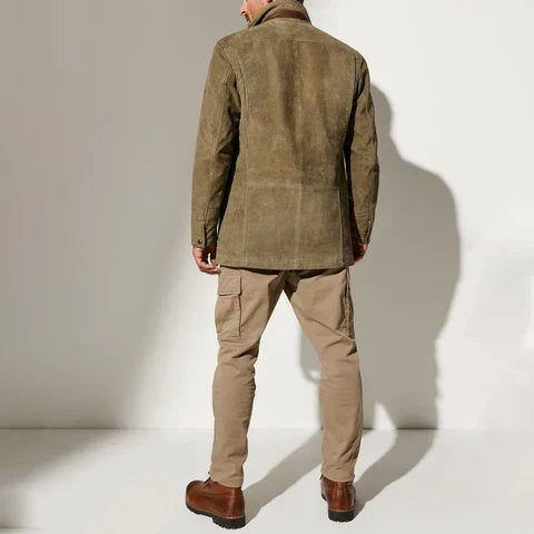 Men's structured button-up jacket with notched lapels and welt pockets
