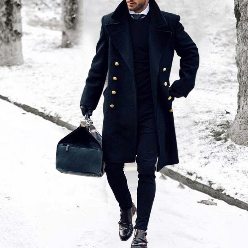 Men's navy long double-breasted coat with notched lapels