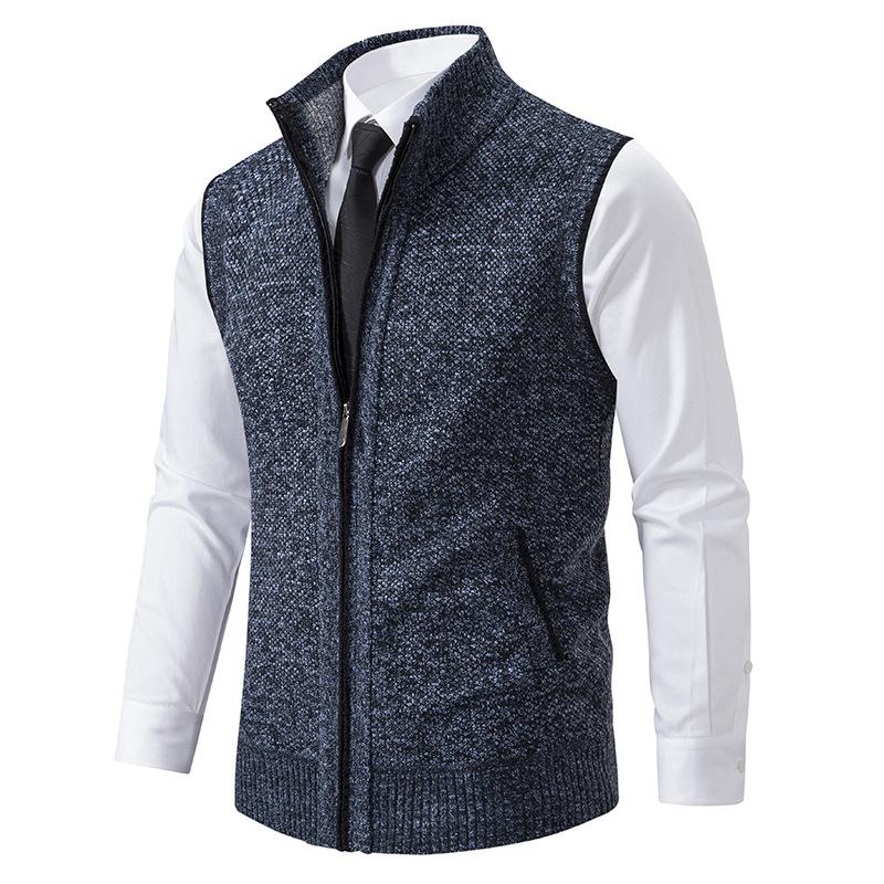 Men's sleeveless textured gilet with stand collar, front zip and angled pockets