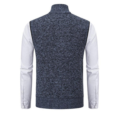 Men's sleeveless textured gilet with stand collar, front zip and angled pockets
