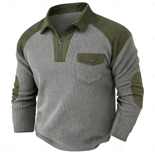 Men's long-sleeved ribbed quarter-zip jumper with contrast panels, elbow patches and chest pocket