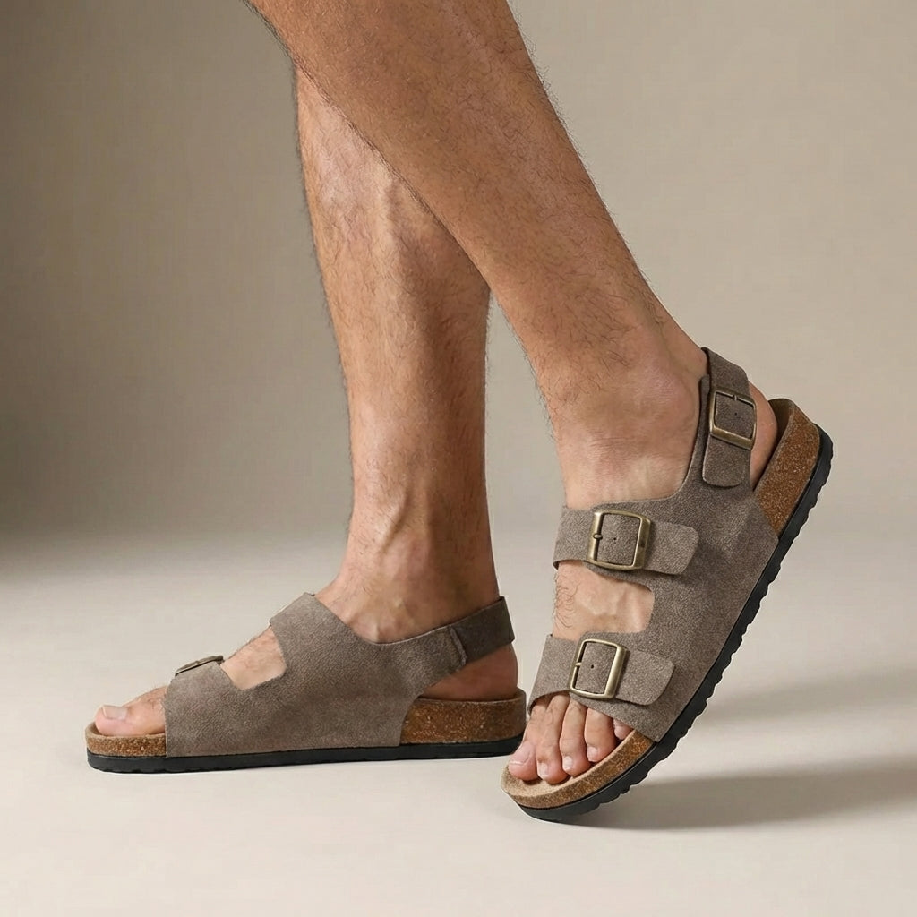 Men's Cork Sole Sandals, Buckle Strap Ergonomic Open Toe Summer Sandals