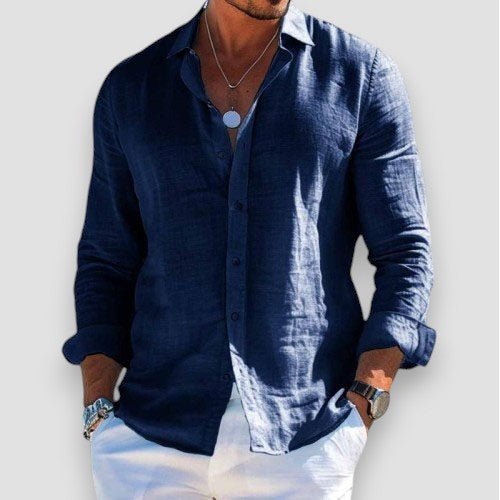 Men's long-sleeve shirt with open collar and button front