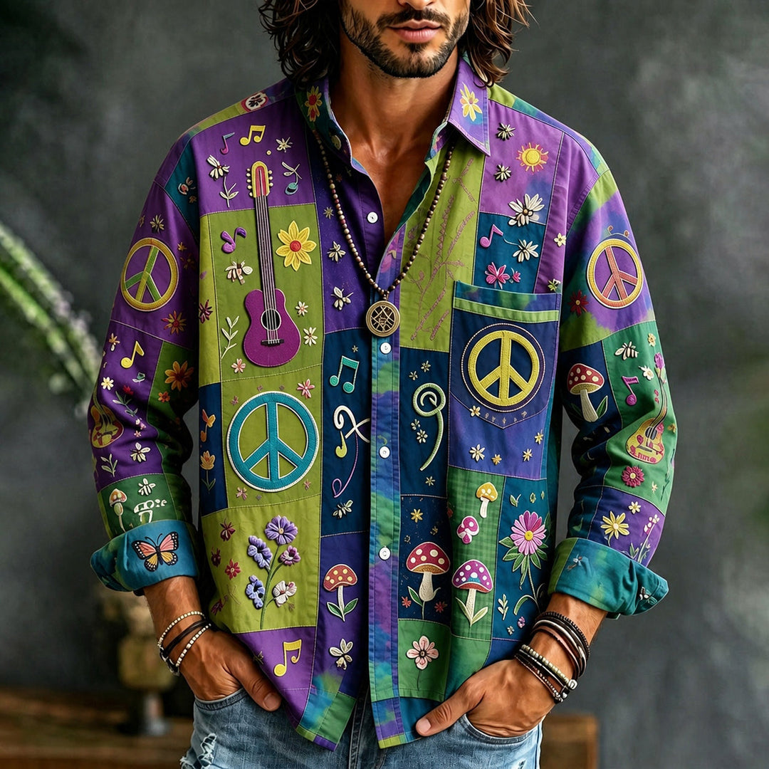 Men's colourful patchwork shirt with peace signs, guitars and floral motifs