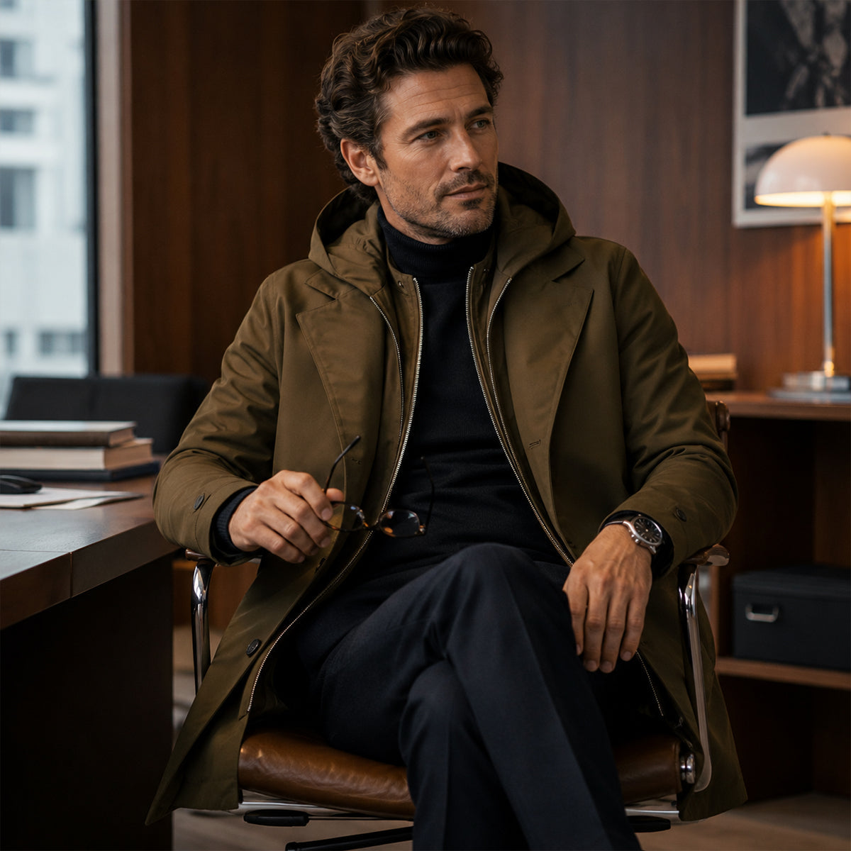 Men's hooded long parka coat with lapels, button front and side pockets