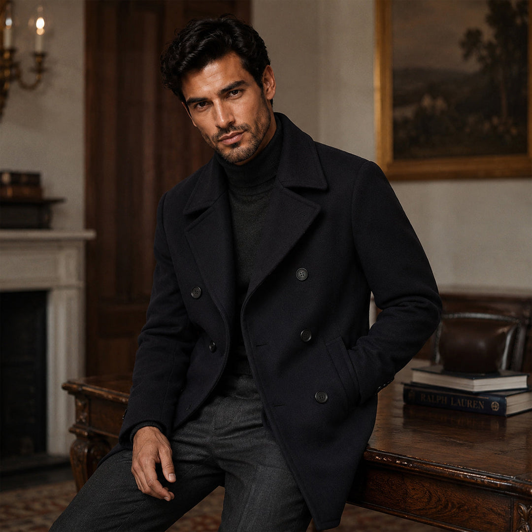 Men's black double-breasted peacoat with notched lapels and long sleeves