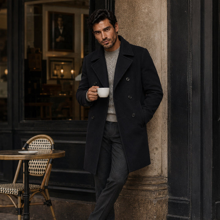 Men's black double-breasted peacoat with notched lapels and long sleeves