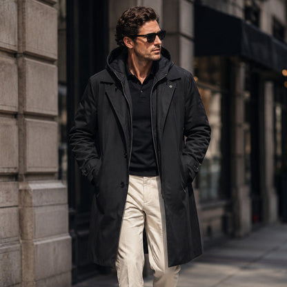 Men's hooded long parka coat with lapels, button front and side pockets