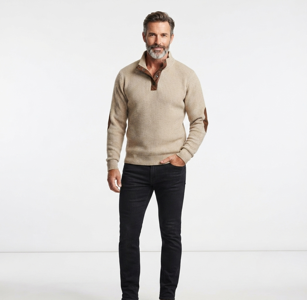 Men's ribbed quarter-button sweatshirt with mock neckline and elbow patches