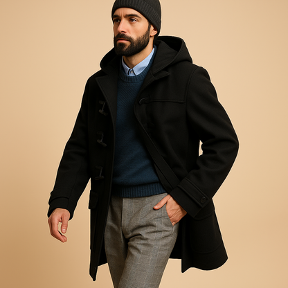 Men's hooded duffle coat with toggle fastenings and patch pockets