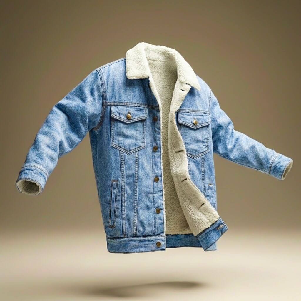Men's jean-style jacket with contrasting shearling lining, turn-down collar and button front